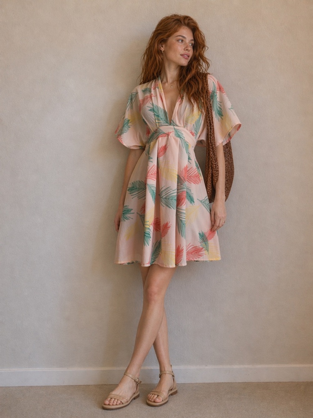 Womens Small Peach Tropical Leaf Print Dress Kimono Sleeve Tie Waist Boho